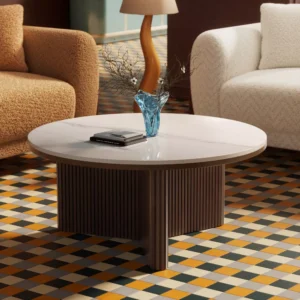 Coffee Table White Faux Marble - 33" Sintered Stone Top & Solid Wood Base, Modern Style Round Coffee Table for Living Room, Apartment - Morden Fort