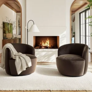 Chair Modern Chocolate Velvet Swivel Accent Chair, Upholstered Barrel Chair with 360° Rotation, Lounge Chair for Living Room & Reading Corner-Panipeachy