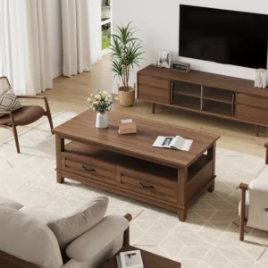 Coffee Table Garvee Farmhouse with Drawers, 47.2" Center Table Rustic Coffee Tables Walnut Living Room Table