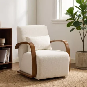 Chair Cream 360° Swivel Accent Chair with Solid Wood Curved Arms – Plush Upholstered Seat with Accent Pillow for Living Room and Reading Nook