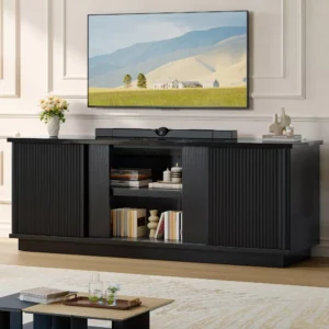 TV Stand Bestier 65" for TVs up to 70 inches, Fluted TV Cabinet with Sliding Doors,Modern Media Console for Living Room Storage Cabinet, Black Marble