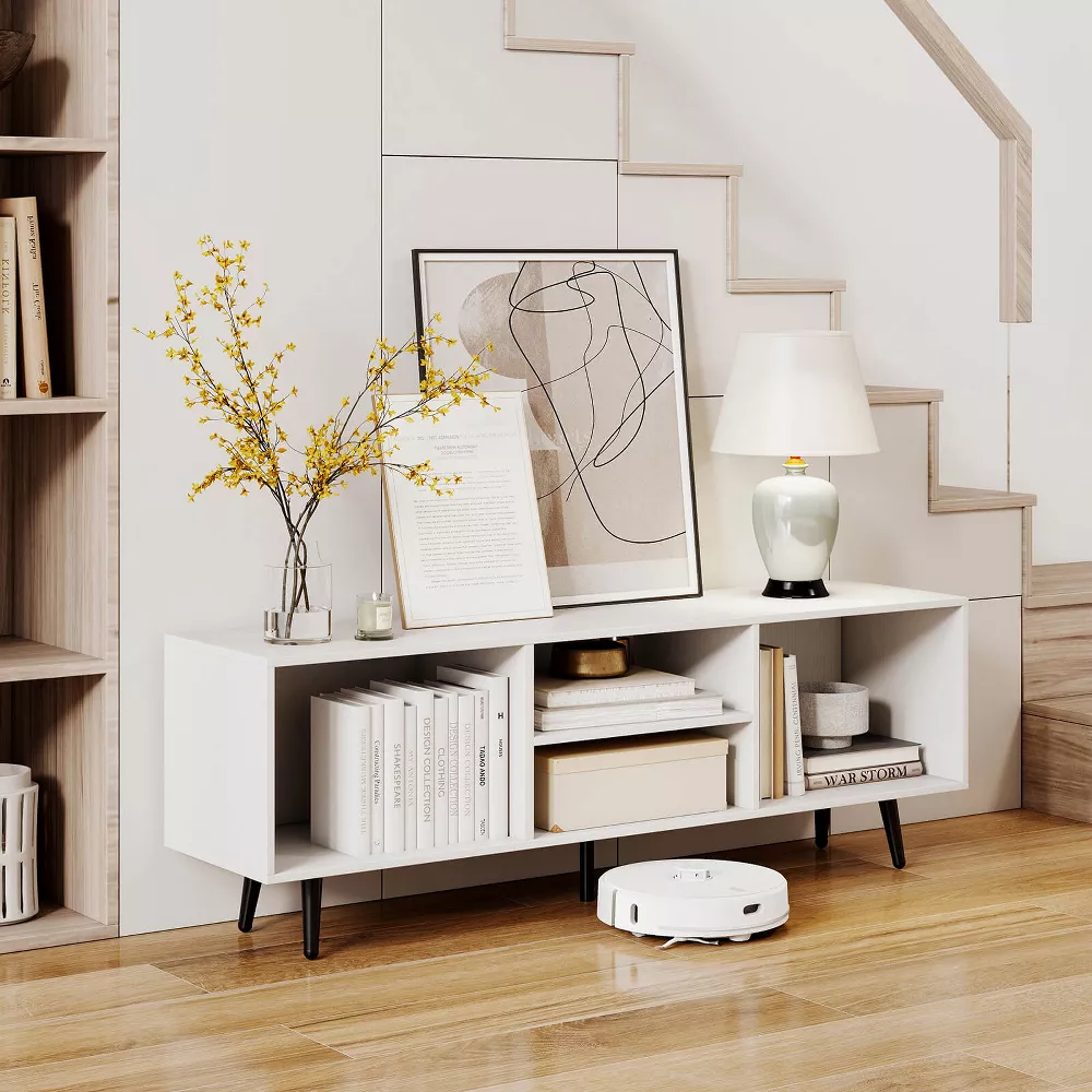 TV Stand Costway 47.5" Console Cabinet for 55-Inch TVs with Storage Shelves Heavy-duty Metal Legs White - Image 2