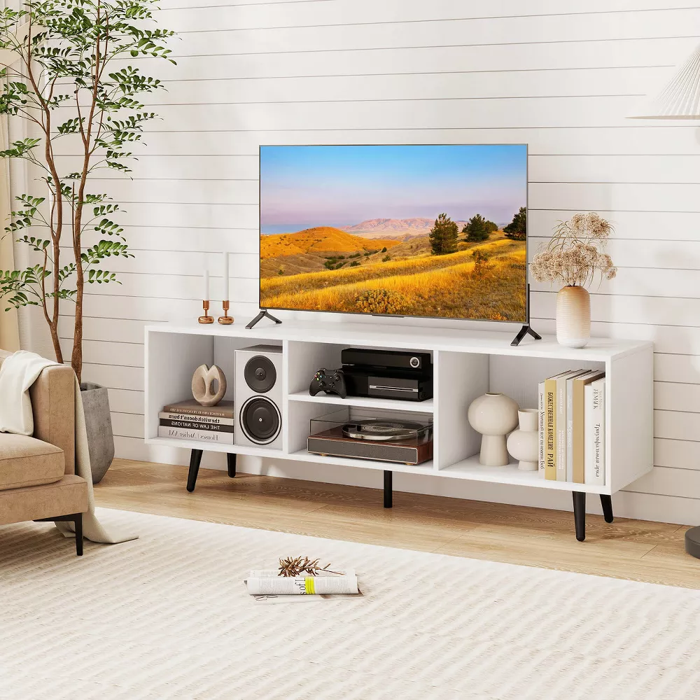 TV Stand Costway 47.5" Console Cabinet for 55-Inch TVs with Storage Shelves Heavy-duty Metal Legs White - Image 4