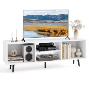 TV Stand Costway 47.5" Console Cabinet for 55-Inch TVs with Storage Shelves Heavy-duty Metal Legs White