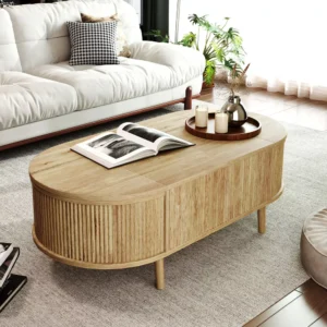 Coffee Table Oval with Hidden Storage & Lift-Top, Wood Wave Grain Finish Center Table for Living Room, Office, Apartment, Wood - ModernLuxe