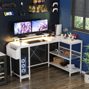 Gaming desk 49" L-Shaped Computer Desk with LED Lights and Power Outlet - Reversible Corner Gaming Table with Monitor Stand & Storage Shelves