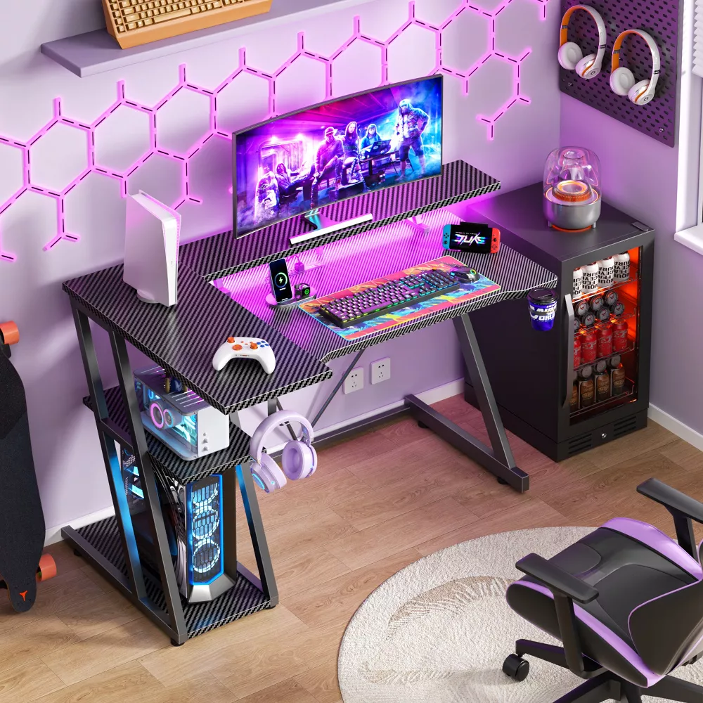 Gaming Desk Small Space Qwatto 40'' Black L Shaped Computer Table with Monitor Stand 3 Tier Storage Shelves Carbon Fiber Gamer - Image 2