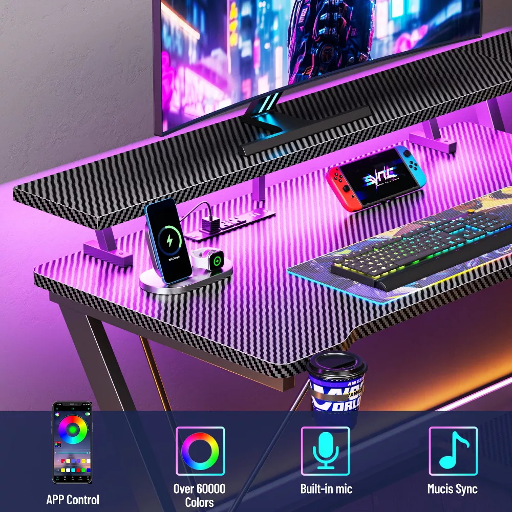 Gaming Desk Small Space Qwatto 40'' Black L Shaped Computer Table with Monitor Stand 3 Tier Storage Shelves Carbon Fiber Gamer - Image 3