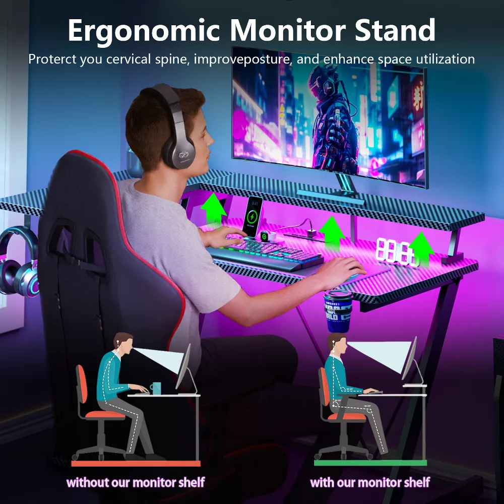 Gaming Desk Small Space Qwatto 40'' Black L Shaped Computer Table with Monitor Stand 3 Tier Storage Shelves Carbon Fiber Gamer - Image 4