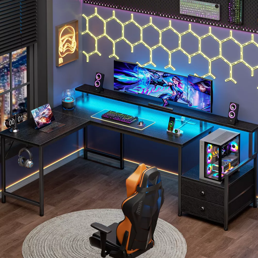Gaming Desk Qwatto 66 Inch Black L Shaped Computer Desk with Charging Station Reversible Gaming Desk LED Lights 2 Drawers Monitor Stand Storage Home Office