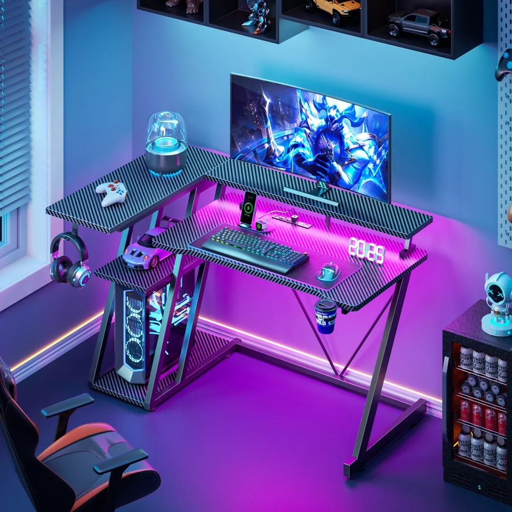 Gaming Desk Small Space Qwatto 40'' Black L Shaped Computer Table with Monitor Stand 3 Tier Storage Shelves Carbon Fiber Gamer