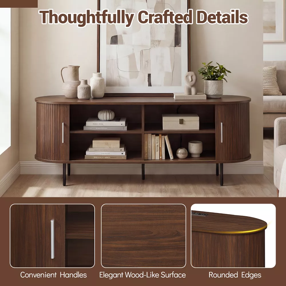 TV Stand Costway Fluted for TVs up to 60”, Mid Century Curved Entertainment Center Walnut - Image 3