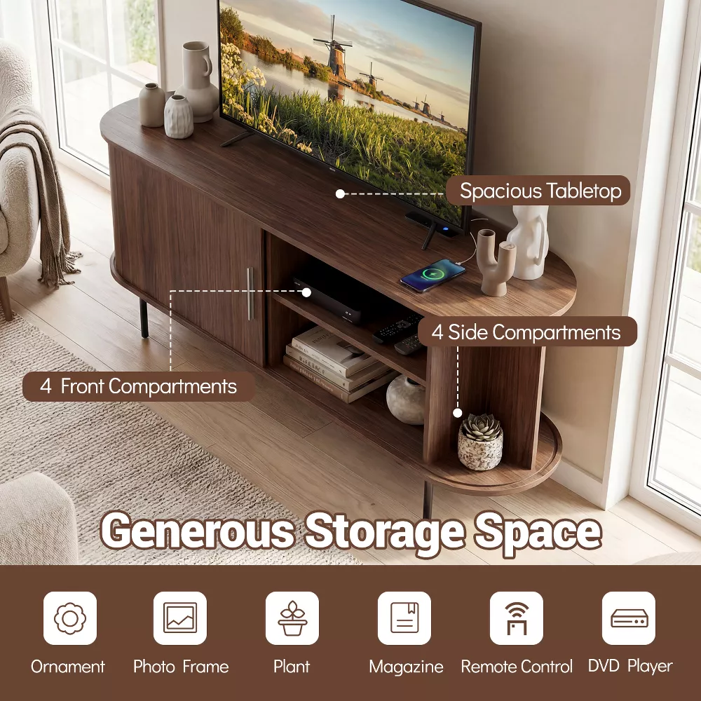 TV Stand Costway Fluted for TVs up to 60”, Mid Century Curved Entertainment Center Walnut - Image 4