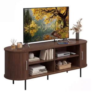 TV Stand Costway Fluted for TVs up to 60”, Mid Century Curved Entertainment Center Walnut