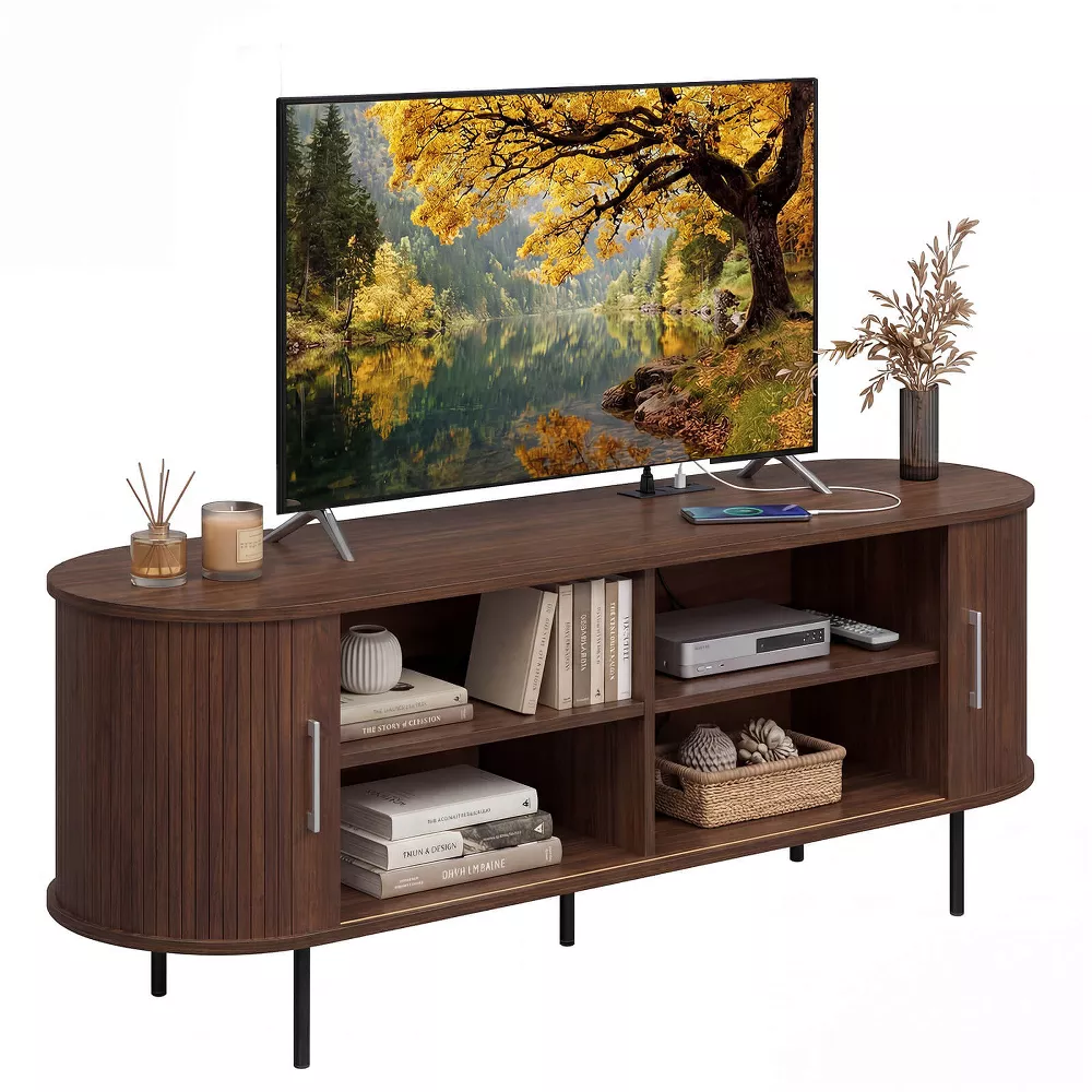 TV Stand Costway Fluted for TVs up to 60”, Mid Century Curved Entertainment Center Walnut