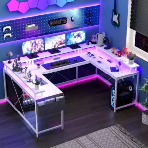 Gaming Desk U Shaped Computer Gaming Desk, Reversible L Shaped Desk with Power Outlets, LED Strip & Monitor Stand