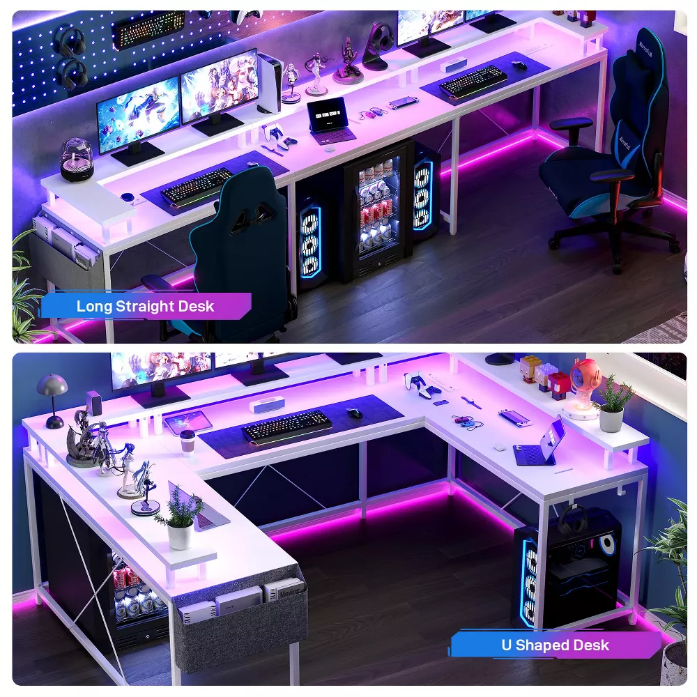 Gaming Desk U Shaped Computer Gaming Desk, Reversible L Shaped Desk with Power Outlets, LED Strip & Monitor Stand - Image 3