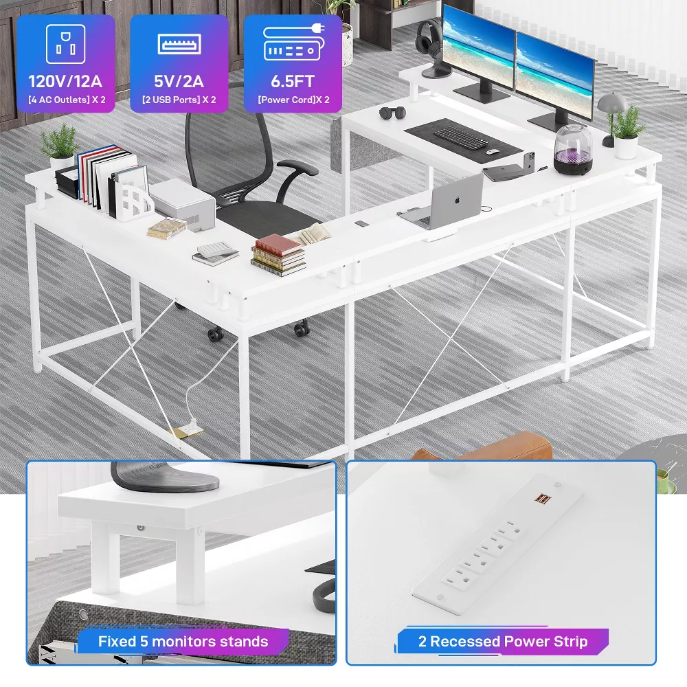 Gaming Desk U Shaped Computer Gaming Desk, Reversible L Shaped Desk with Power Outlets, LED Strip & Monitor Stand - Image 4