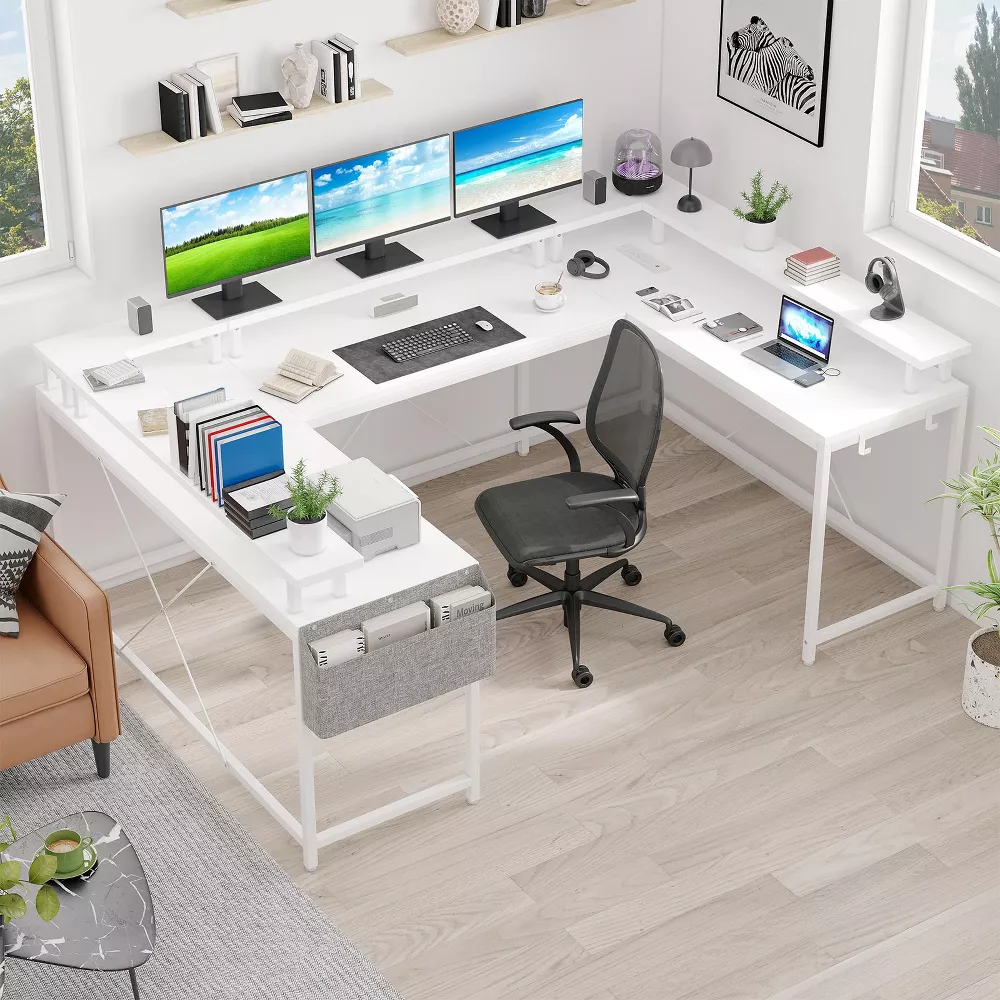 Gaming Desk U Shaped Computer Gaming Desk, Reversible L Shaped Desk with Power Outlets, LED Strip & Monitor Stand - Image 5